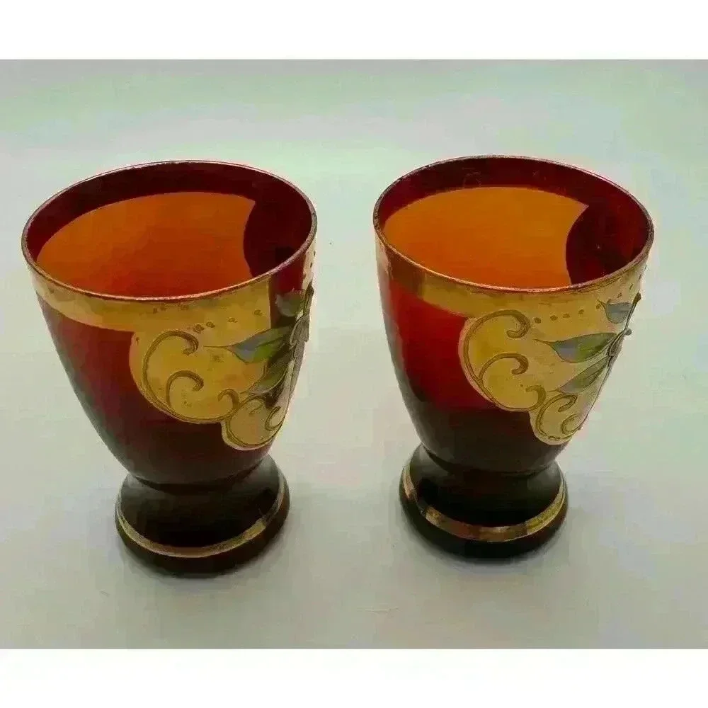 MCM Vintage Cranberry Shot Glasses set of Two Hand Painted Gold Band Beautiful